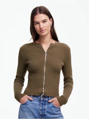 Madewell ribbed zip front cardigan medium cotton green